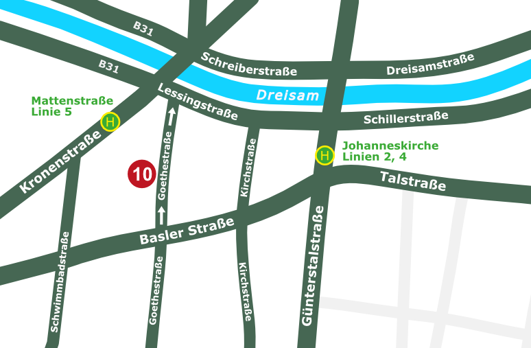 Anfahrtsplan hr-lab Alexander Ernst, Goethestraße 10 in Freiburg